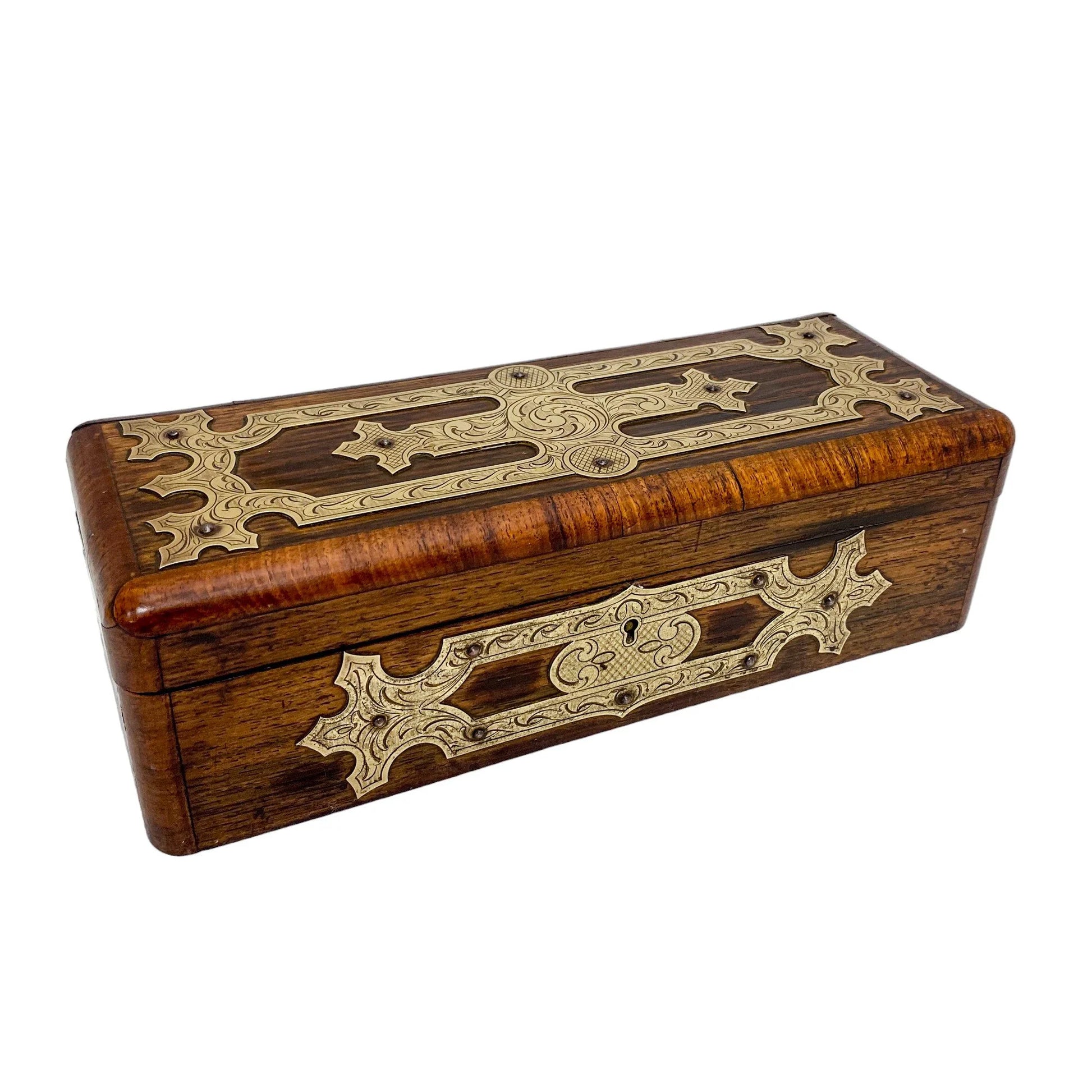 Victorian glove box with Celtic brass overlay engraved with scrolls and foliage