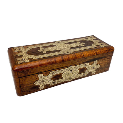 Victorian glove box with Celtic brass overlay engraved with scrolls and foliage
