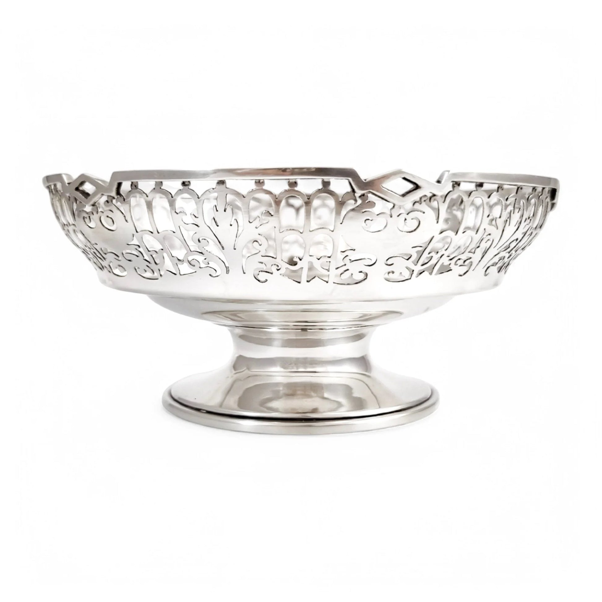 Large sterling silver pedestal basket with pierced foliate and trellis decoration, Sheffield 1953