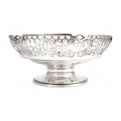 Large sterling silver pedestal basket with pierced foliate and trellis decoration, Sheffield 1953
