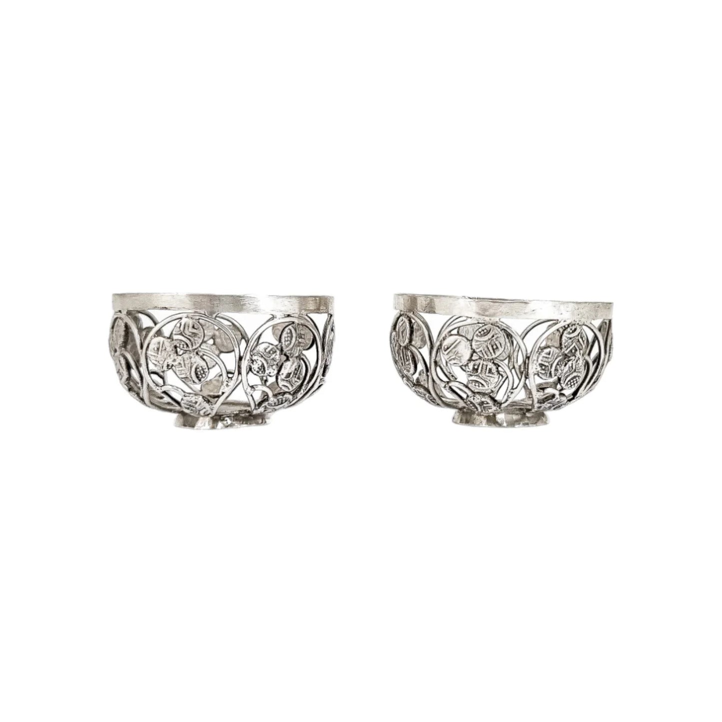 1880's Travancore silver Chuckram coin pair of table salt cellars, 56 coins