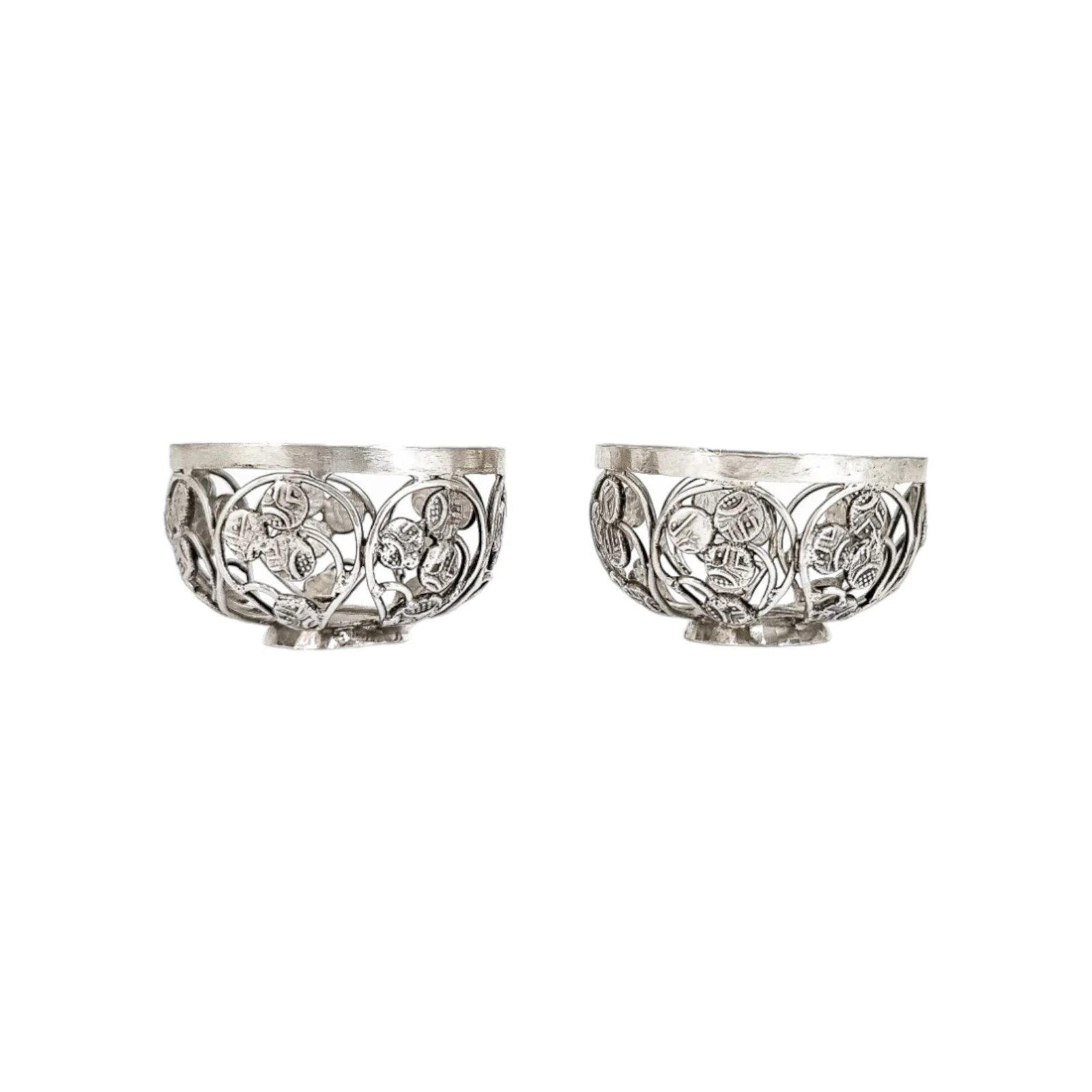 1880's Travancore silver Chuckram coin pair of table salt cellars, 56 coins