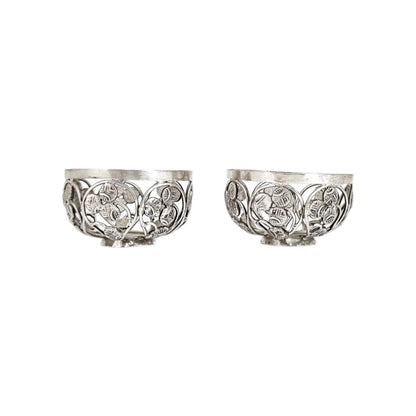 1880's Travancore silver Chuckram coin pair of table salt cellars, 56 coins