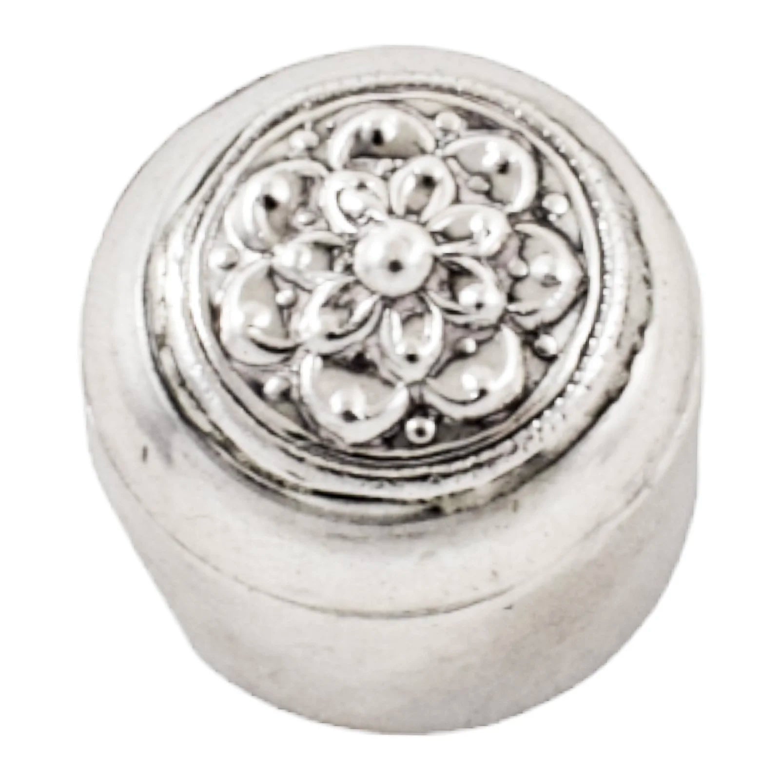 Middle Eastern silver round pill box with lotus flower lid