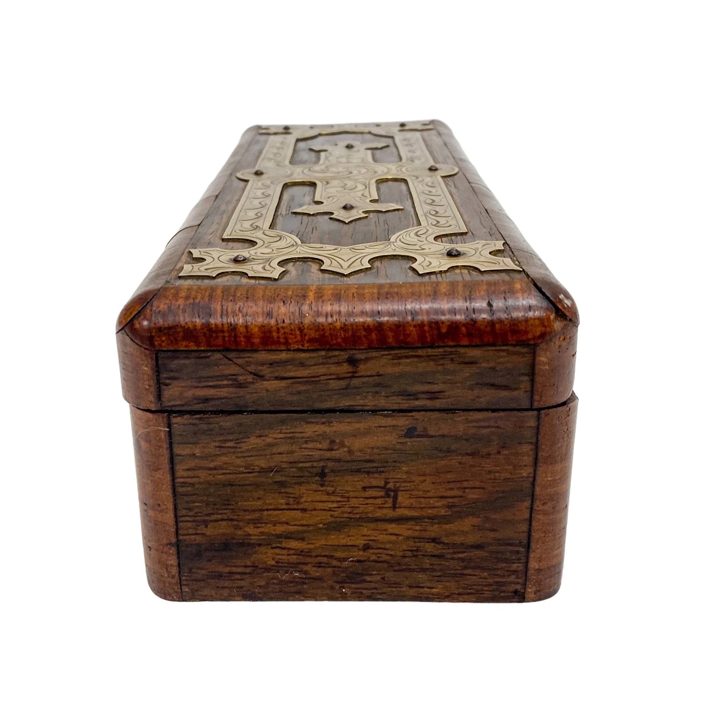 Victorian glove box with Celtic brass overlay engraved with scrolls and foliage