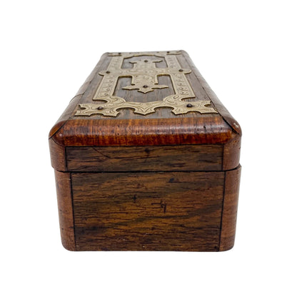 Victorian glove box with Celtic brass overlay engraved with scrolls and foliage