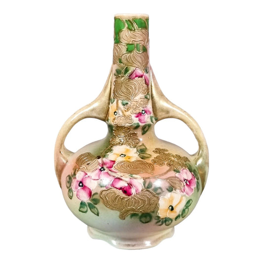 Japanese two-handle baluster bottle vase hand-painted with flowers, gilded and signed