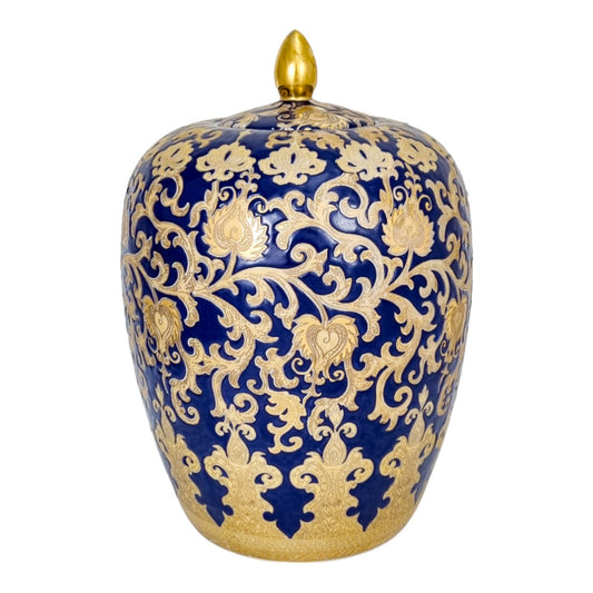 Chinese export porcelain lidded floor vase, cobalt blue and 24kt gold