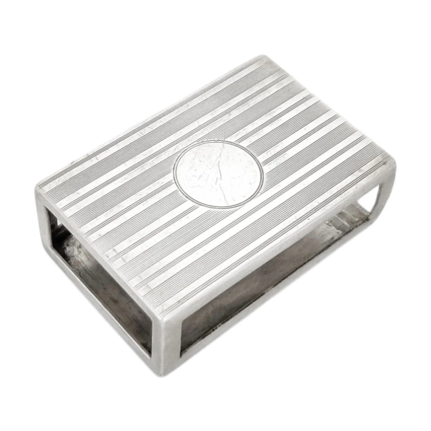 Art Deco sterling silver matchbox holder with vacant cartouche and banded design