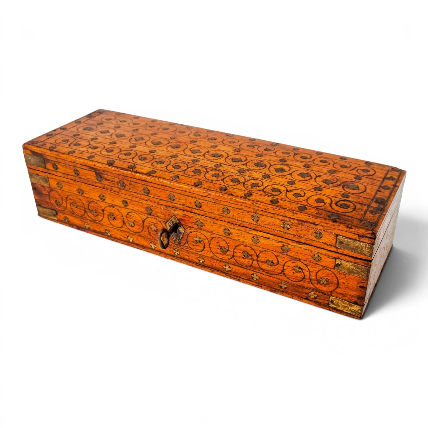 Victorian walnut piqué glove box with lock and key