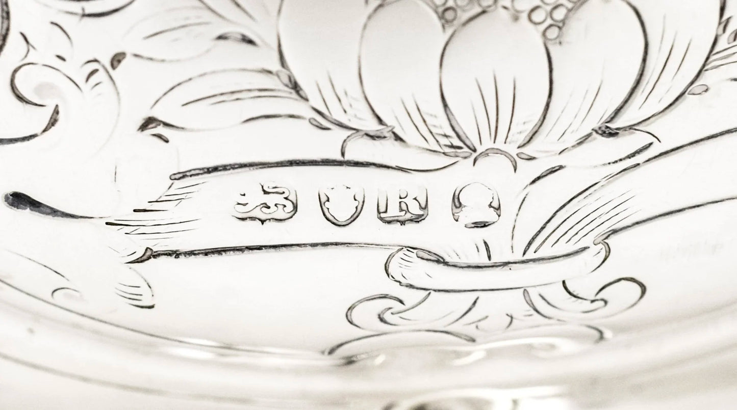 Georgian sterling silver lobed embossed fruit bowl with flying dog handles