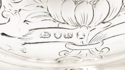 Georgian sterling silver lobed embossed fruit bowl with flying dog handles