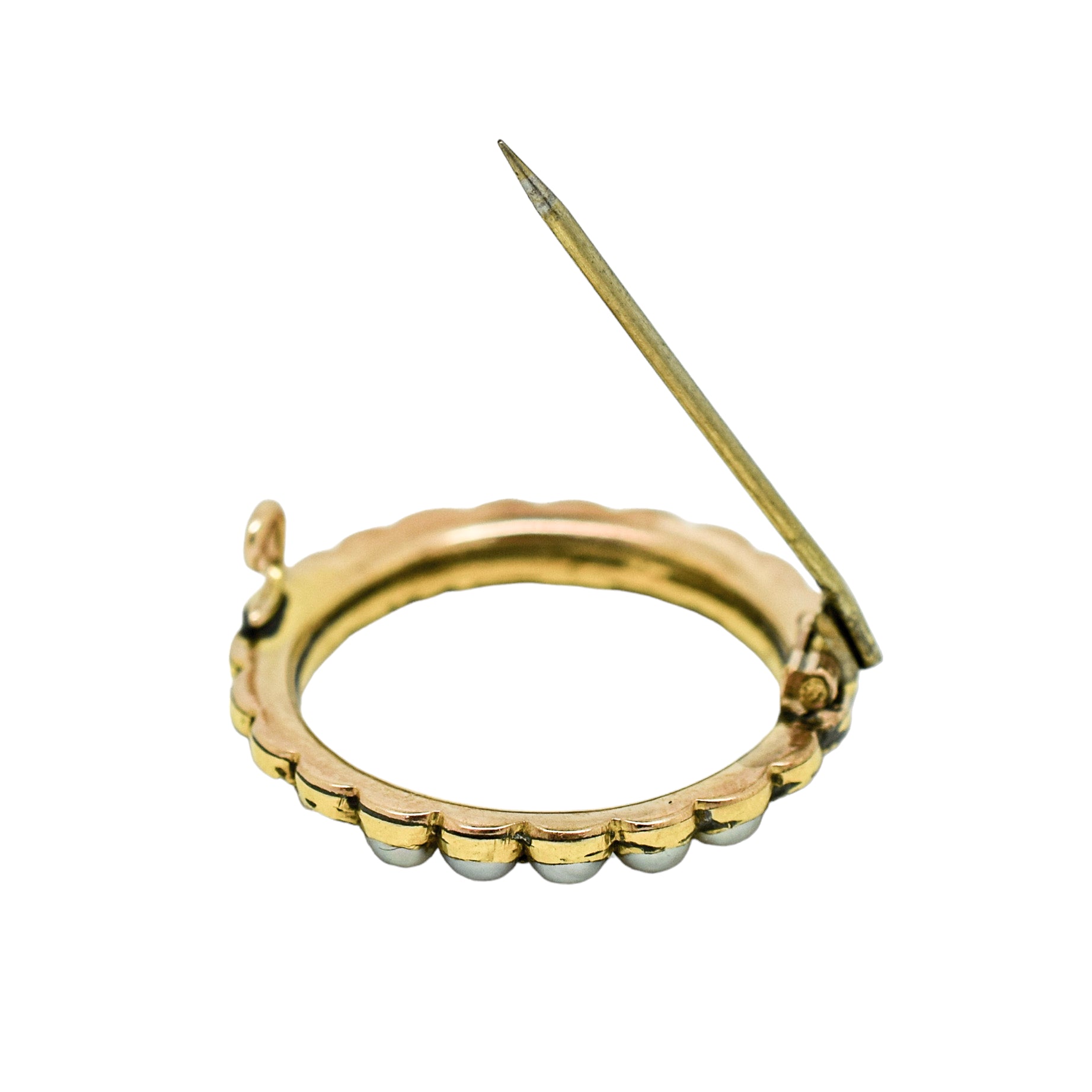 Victorian natural half pearl circle brooch / lace pin, 9ct yellow gold