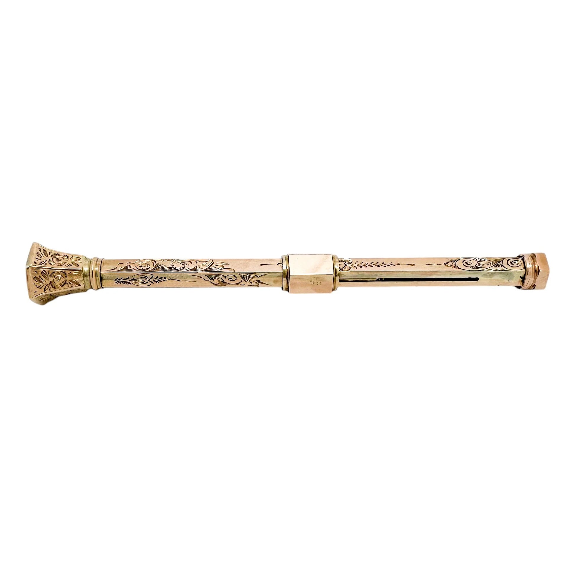 Victorian 9ct rose gold agate seal top hexagonal propelling pencil, engraved with flowers