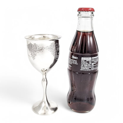 Vintage English sterling silver Kiddush cup with grapevine engraving, Jewish ceremonial goblet, 1969