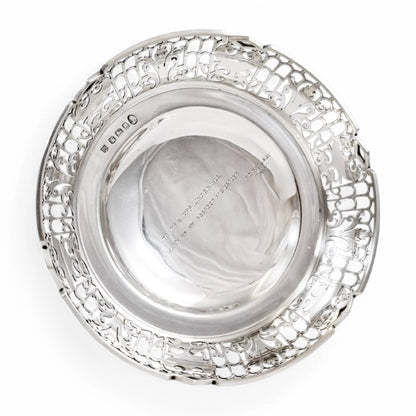Large sterling silver pedestal basket with pierced foliate and trellis decoration, Sheffield 1953