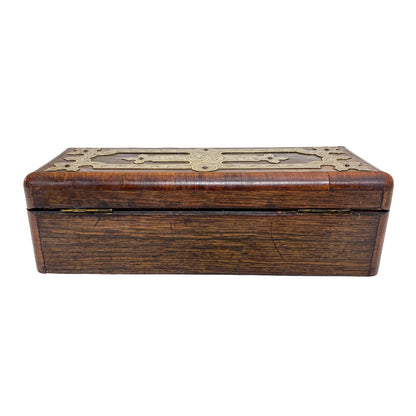 Victorian glove box with Celtic brass overlay engraved with scrolls and foliage