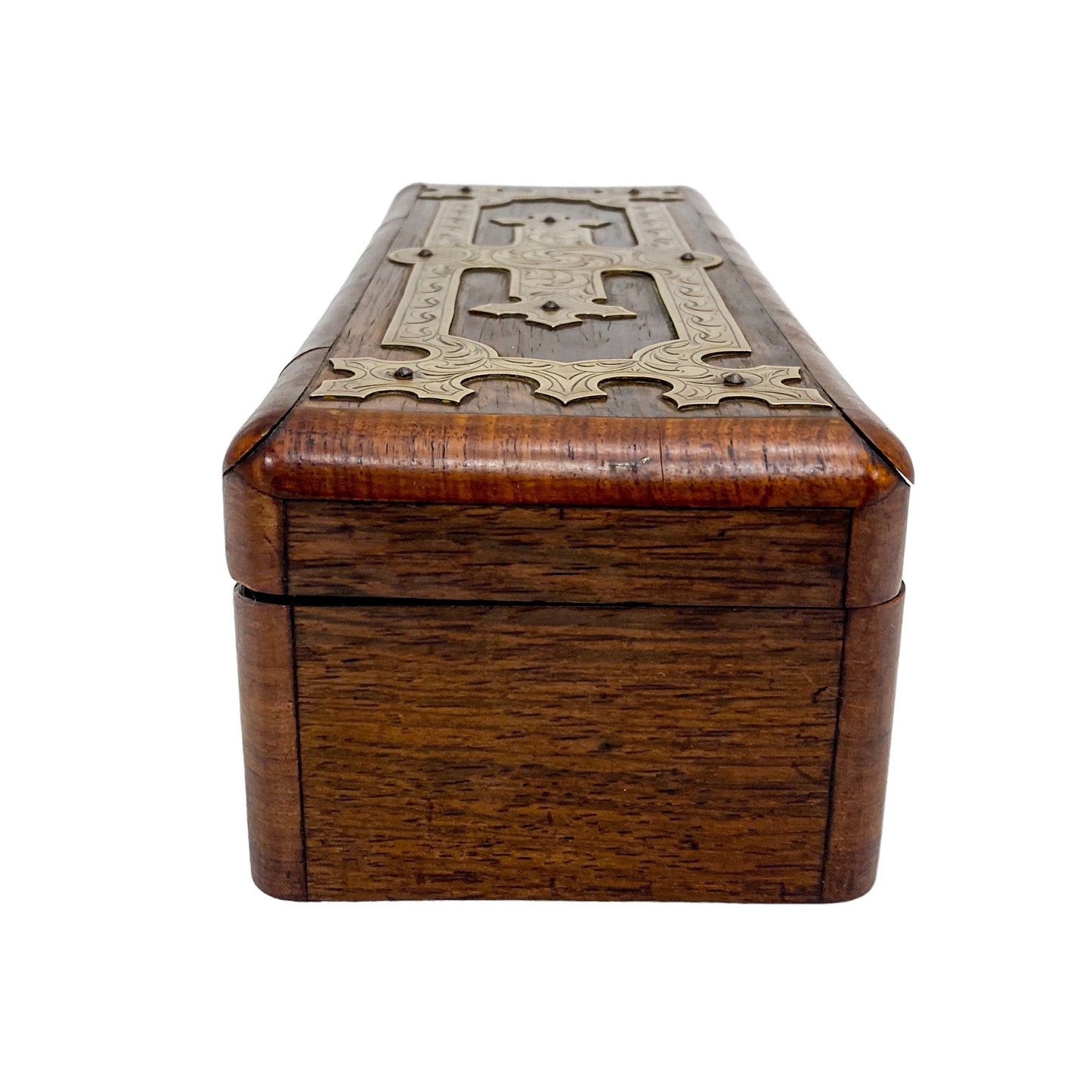 Victorian glove box with Celtic brass overlay engraved with scrolls and foliage