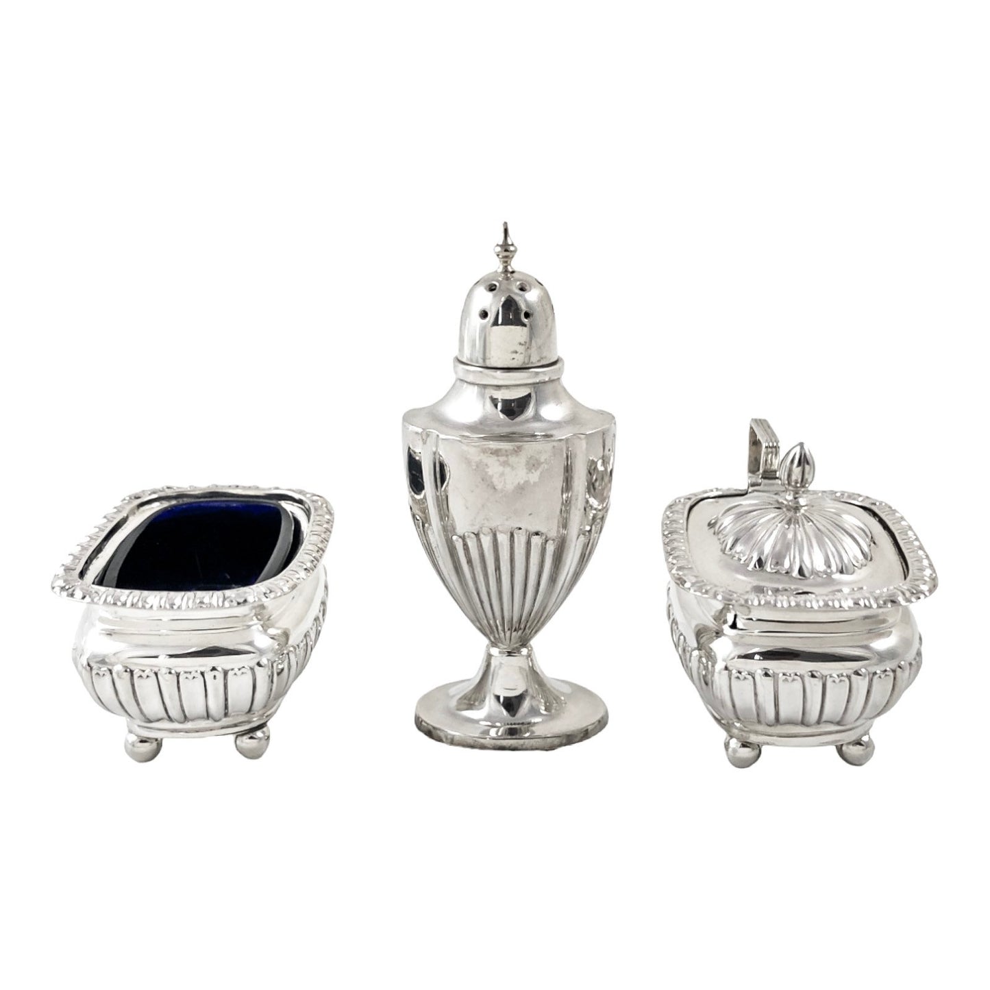 Edwardian Chester sterling silver fluted condiment set - mustard pot, salt and pepperette