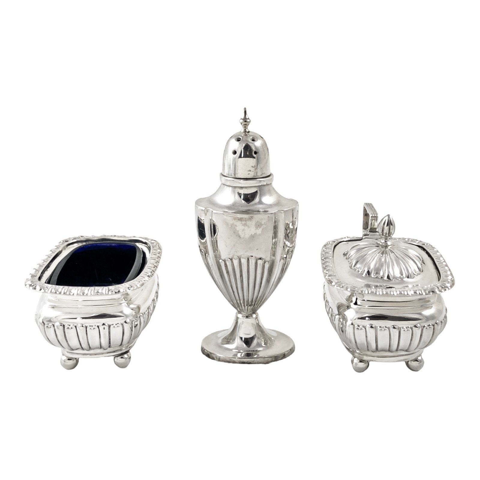 Edwardian Chester sterling silver fluted condiment set - mustard pot, salt and pepperette