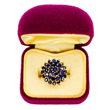 Vintage 9ct yellow gold tiered cluster 37 sapphire statement ring, size L