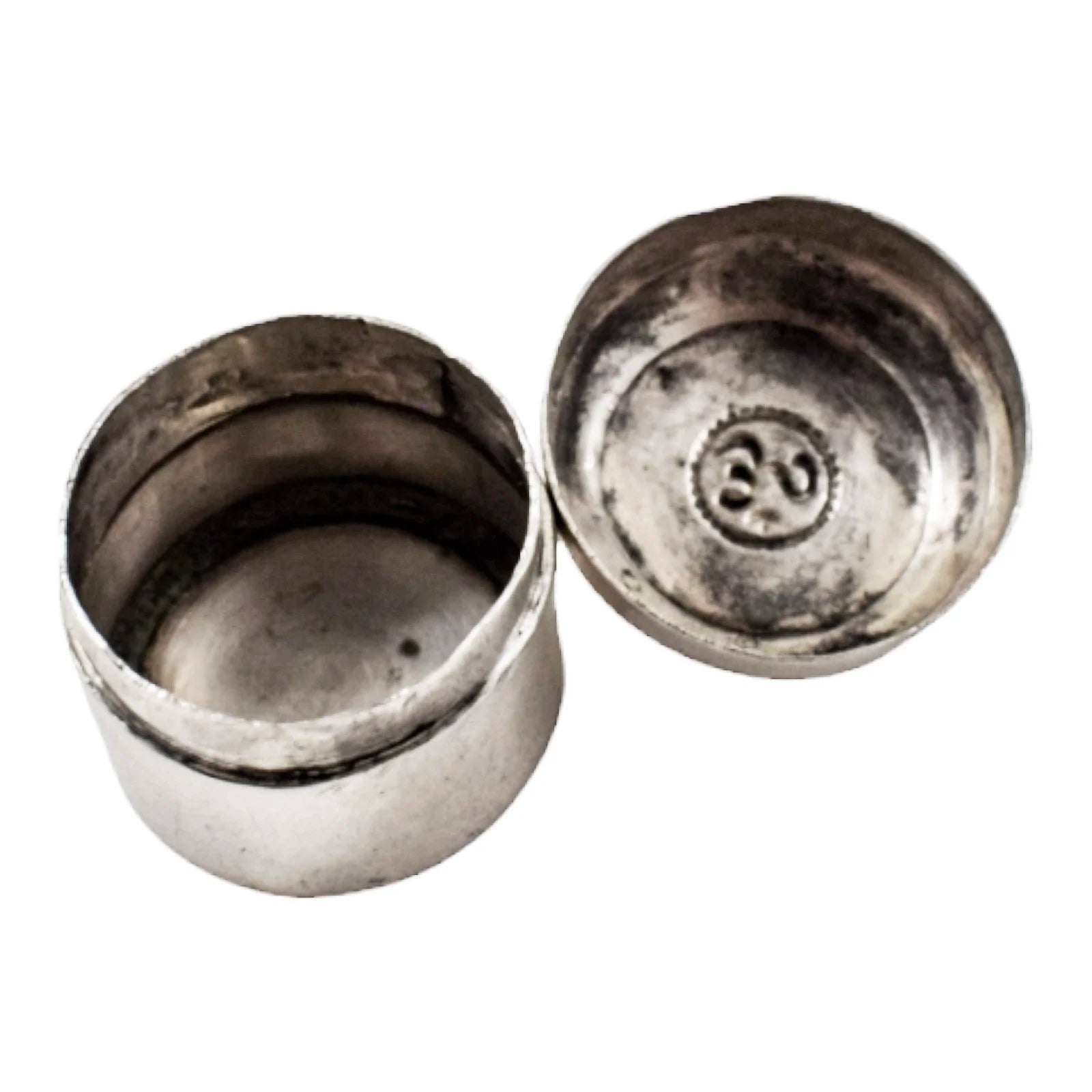 Middle Eastern silver round pill box with lotus flower lid