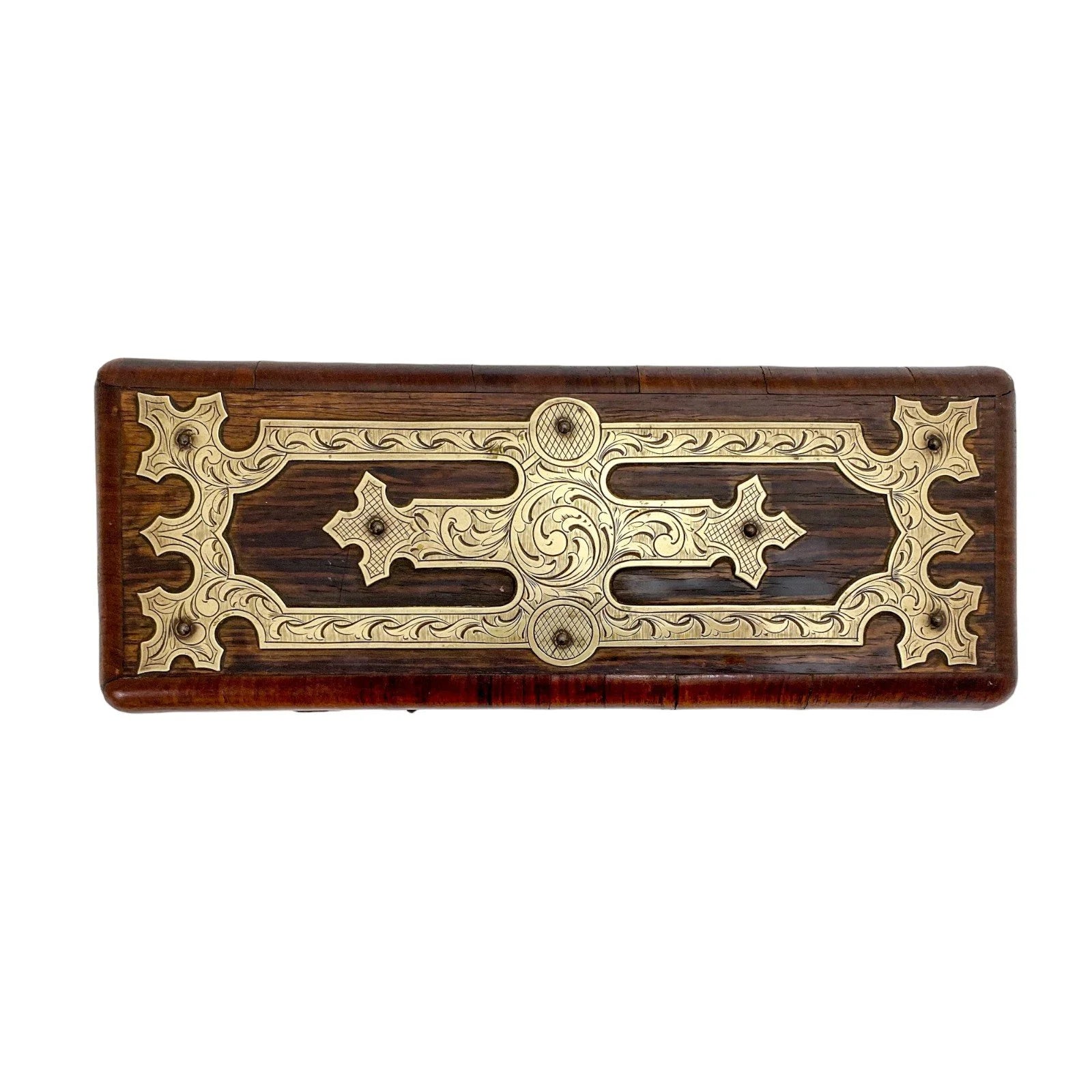 Victorian glove box with Celtic brass overlay engraved with scrolls and foliage
