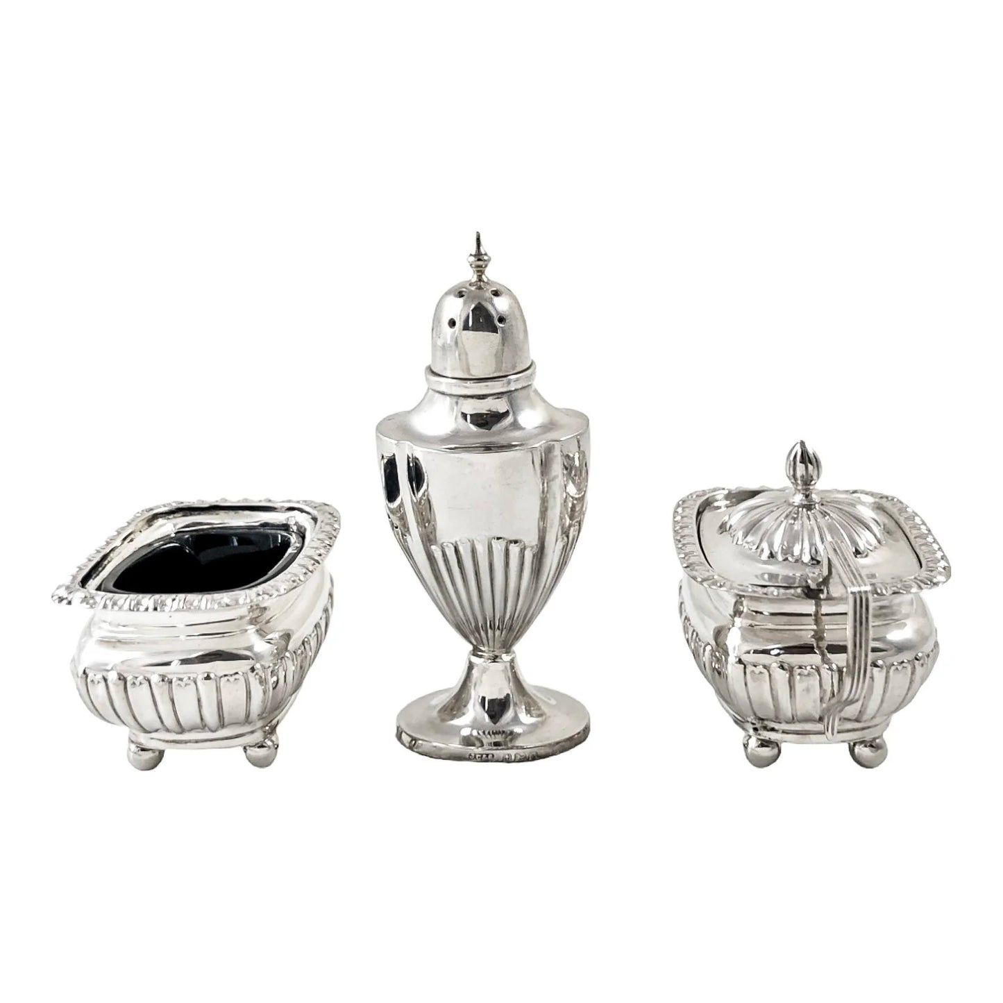 Edwardian Chester sterling silver fluted condiment set - mustard pot, salt and pepperette