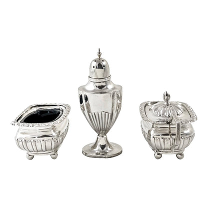 Edwardian Chester sterling silver fluted condiment set - mustard pot, salt and pepperette