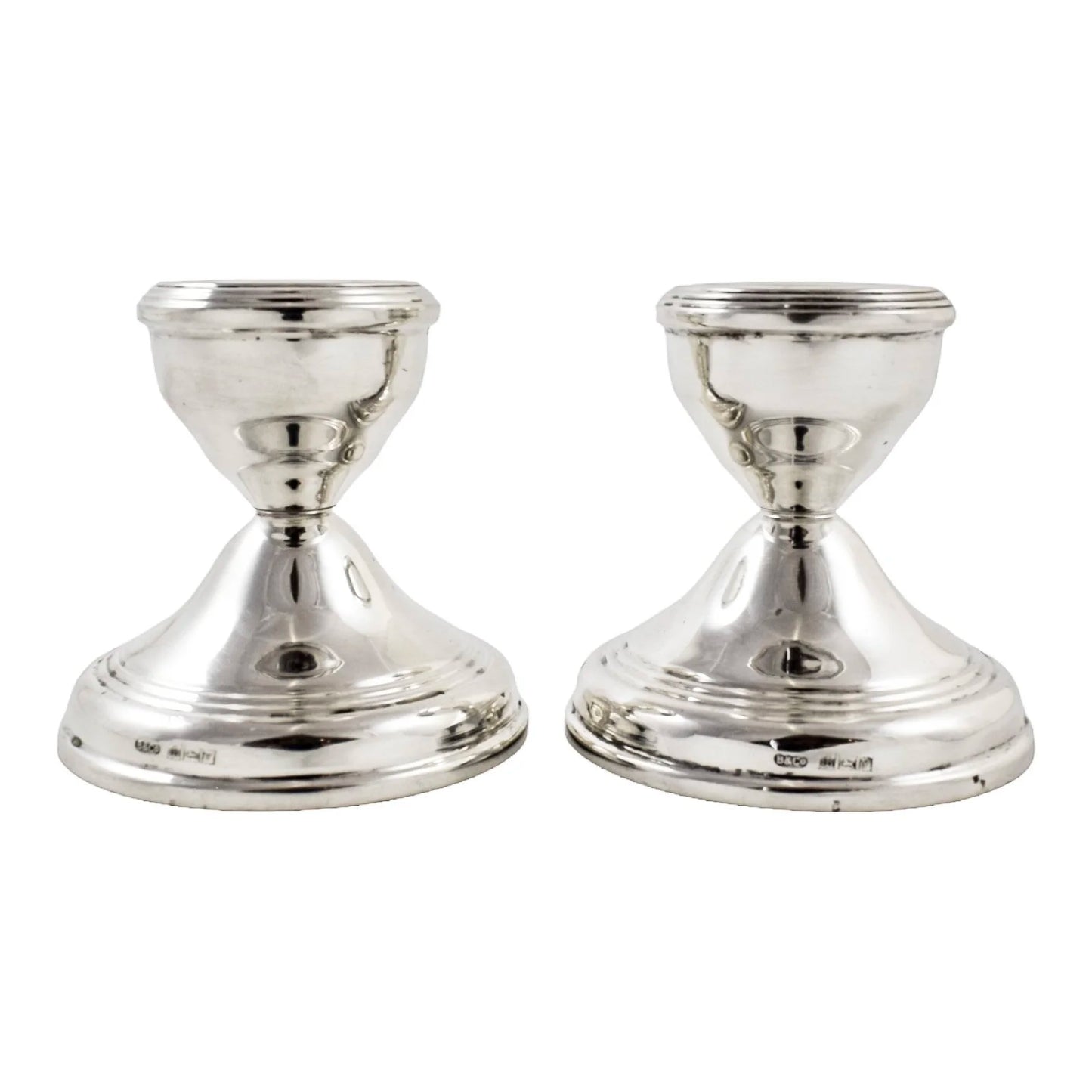 Vintage pair of sterling silver dwarf squat candlesticks on round bases