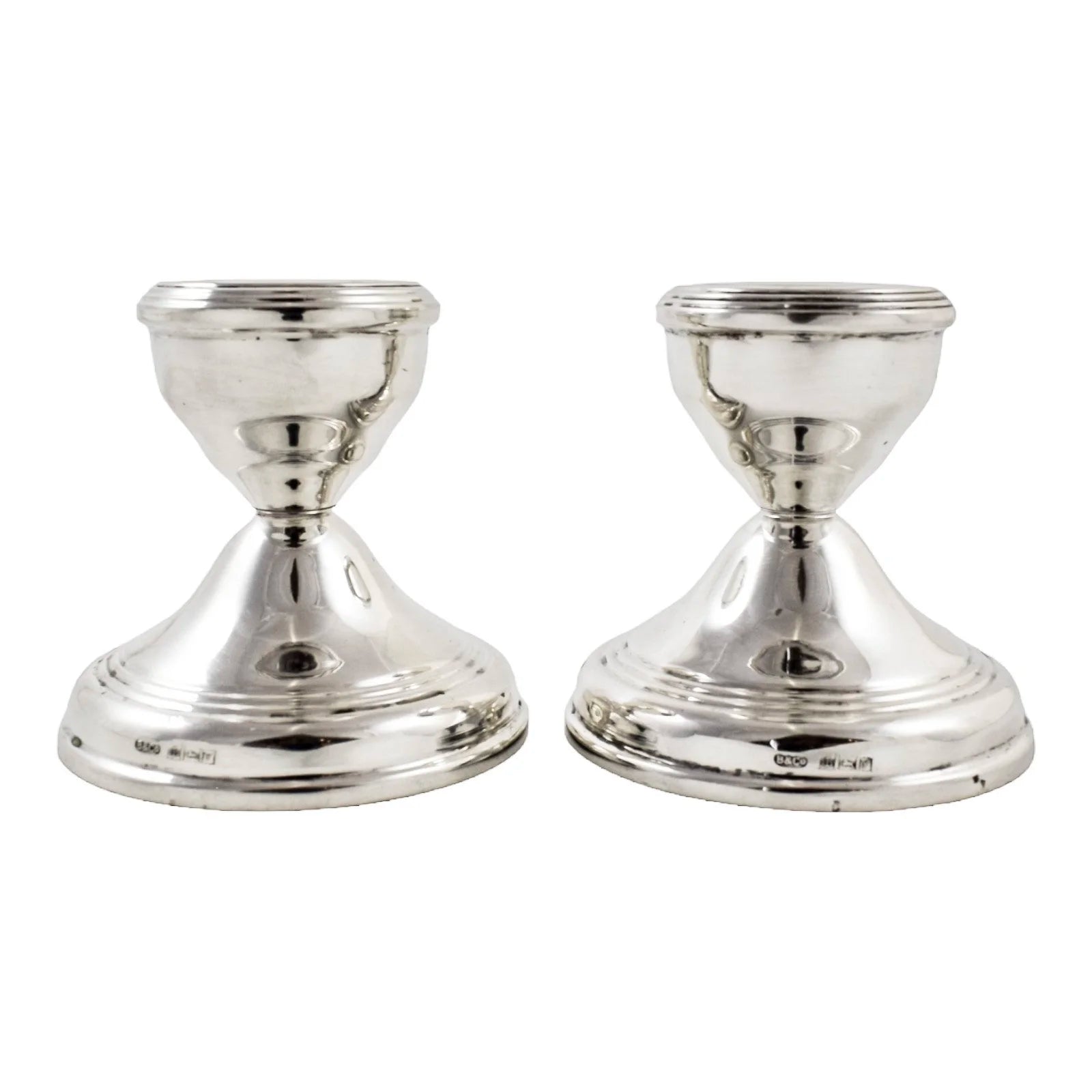 Vintage pair of sterling silver dwarf squat candlesticks on round bases