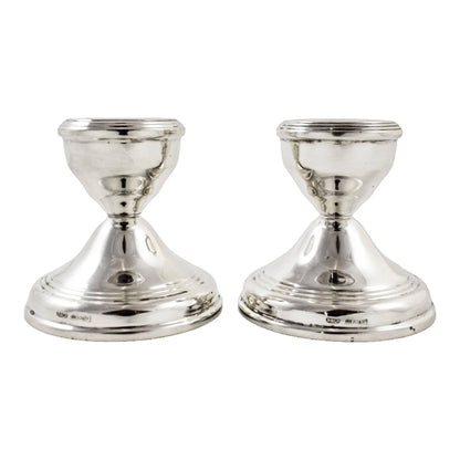 Vintage pair of sterling silver dwarf squat candlesticks on round bases