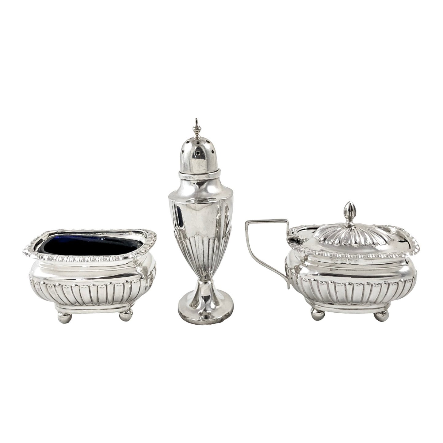 Edwardian Chester sterling silver fluted condiment set - mustard pot, salt and pepperette