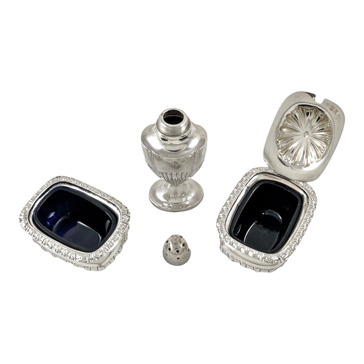 Edwardian Chester sterling silver fluted condiment set - mustard pot, salt and pepperette