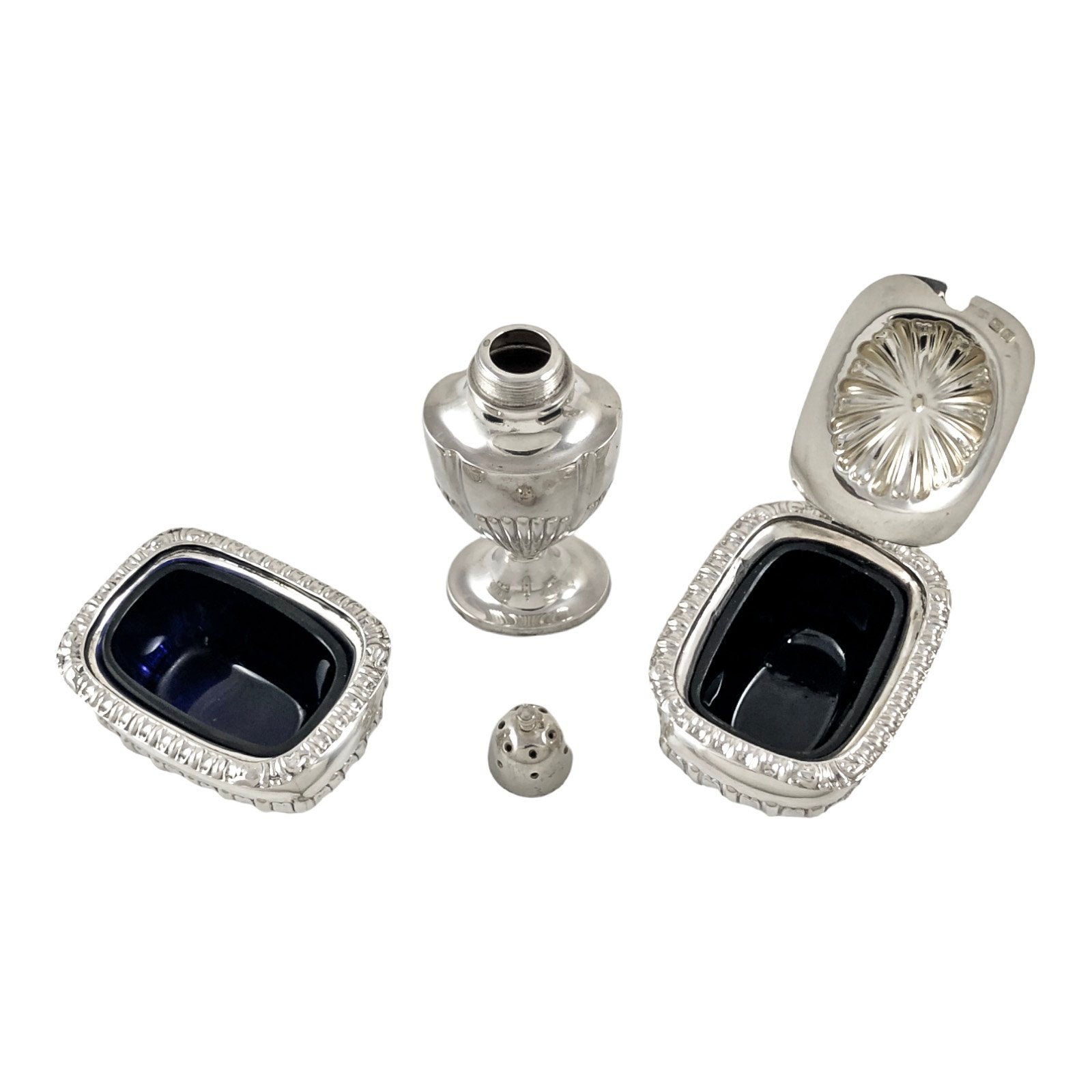 Edwardian Chester sterling silver fluted condiment set - mustard pot, salt and pepperette