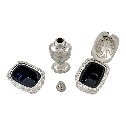 Edwardian Chester sterling silver fluted condiment set - mustard pot, salt and pepperette