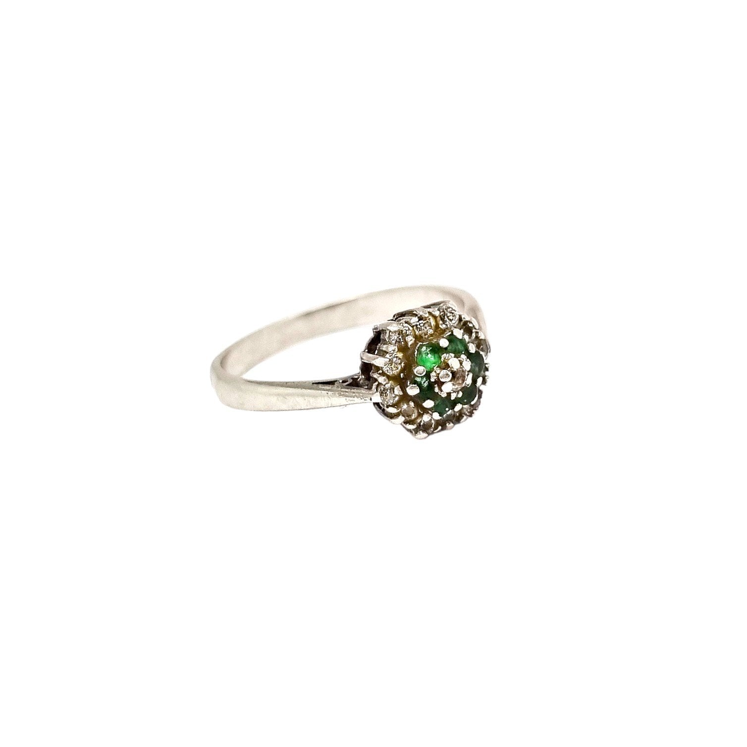 Vintage 1960's sterling silver emerald cluster cocktail ring, size P ½