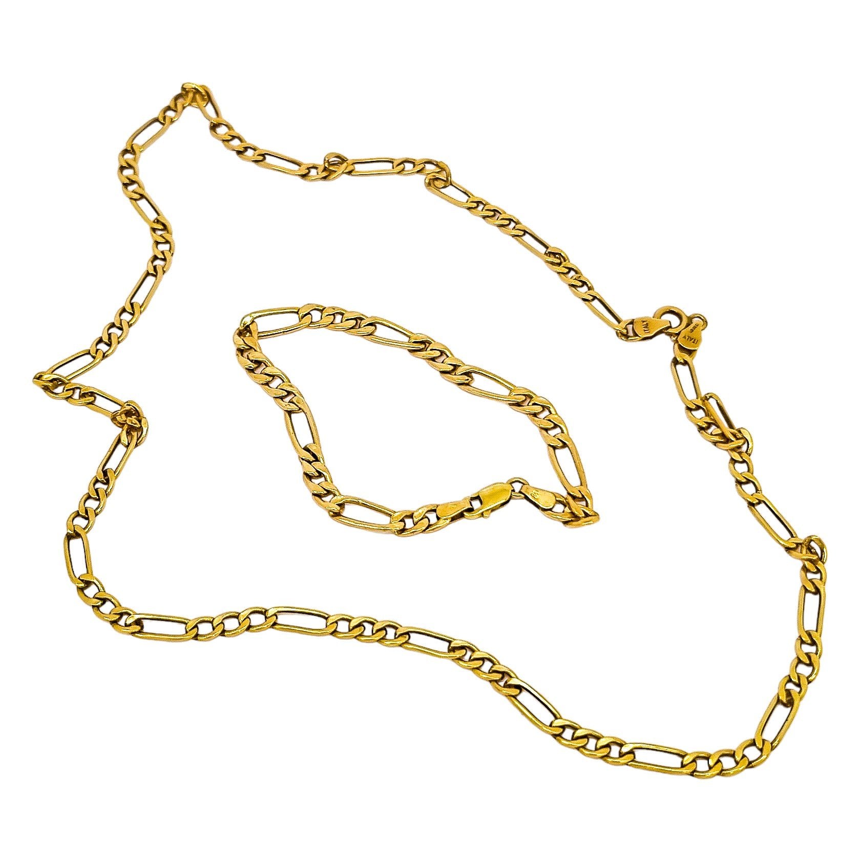 Vintage Italian 9ct yellow gold figaro curb chain bracelet and necklace set
