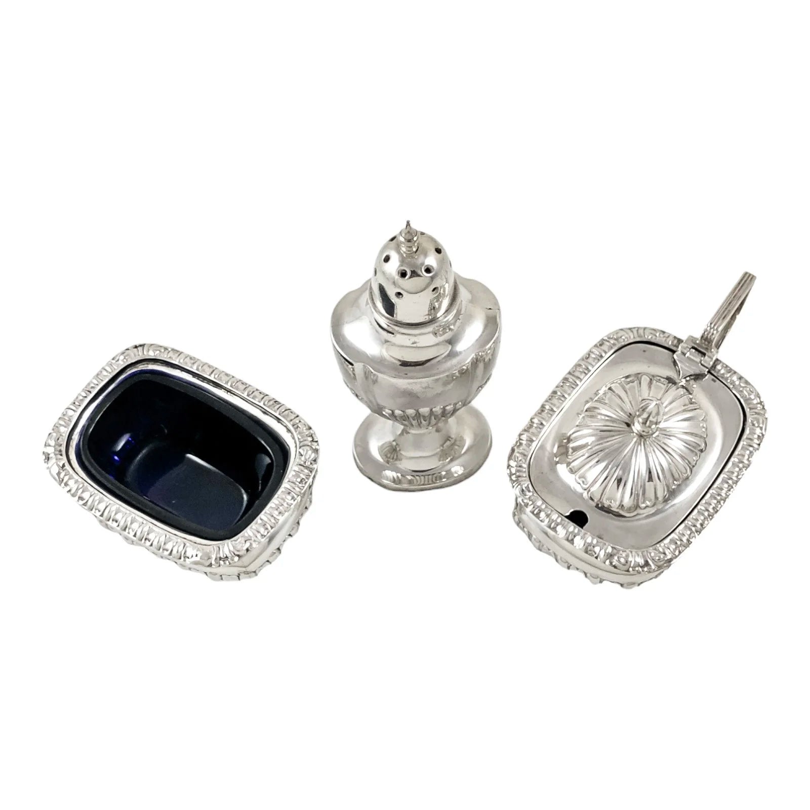 Edwardian Chester sterling silver fluted condiment set - mustard pot, salt and pepperette