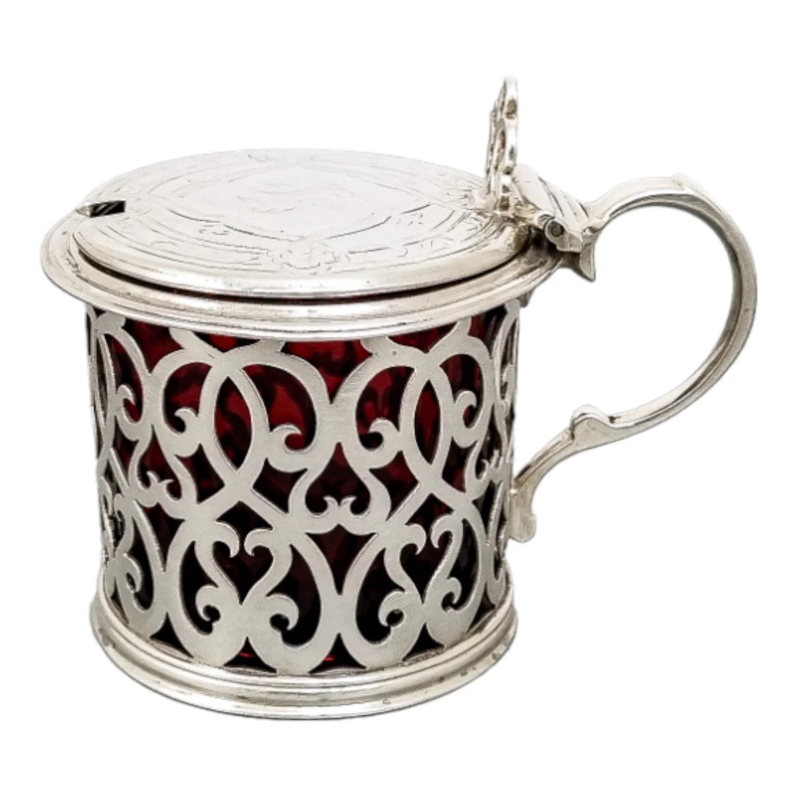 Victorian sterling silver large mustard with ruby liner and spoon condiment set, 1865
