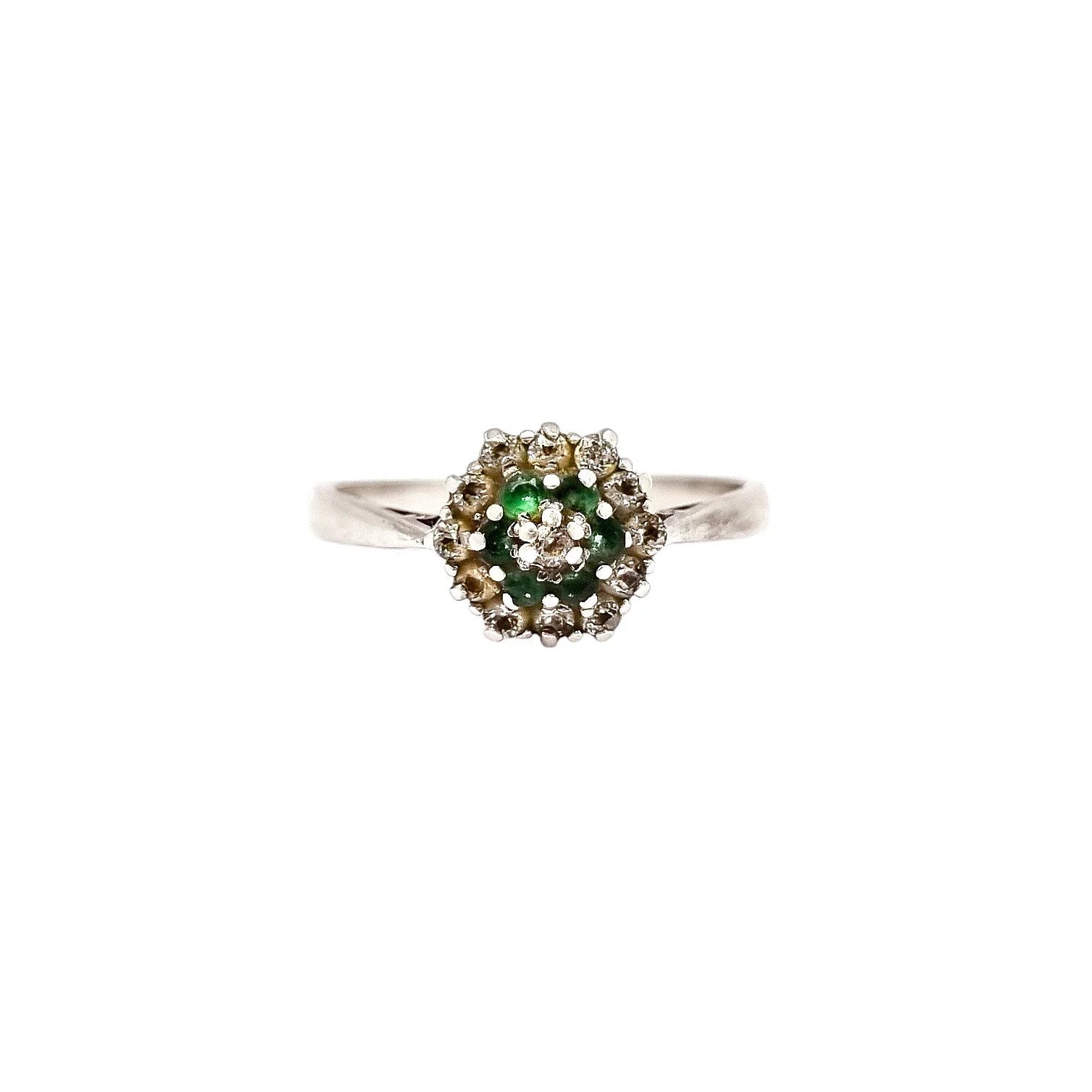 Vintage 1960's sterling silver emerald cluster cocktail ring, size P ½