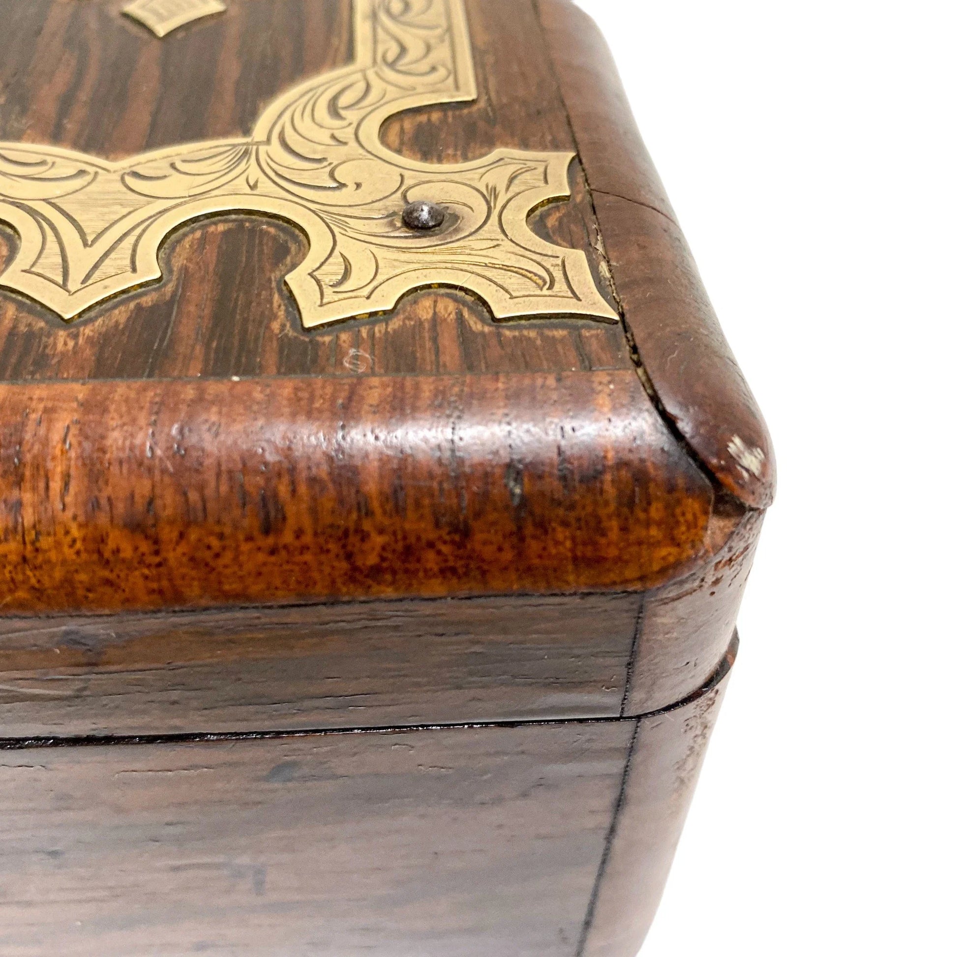Victorian glove box with Celtic brass overlay engraved with scrolls and foliage
