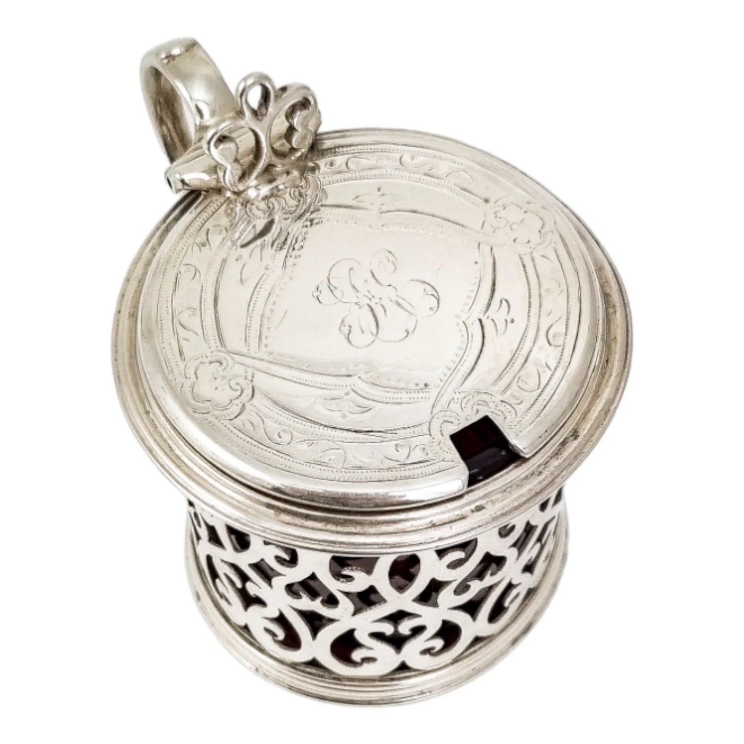 Victorian sterling silver large mustard with ruby liner and spoon condiment set, 1865
