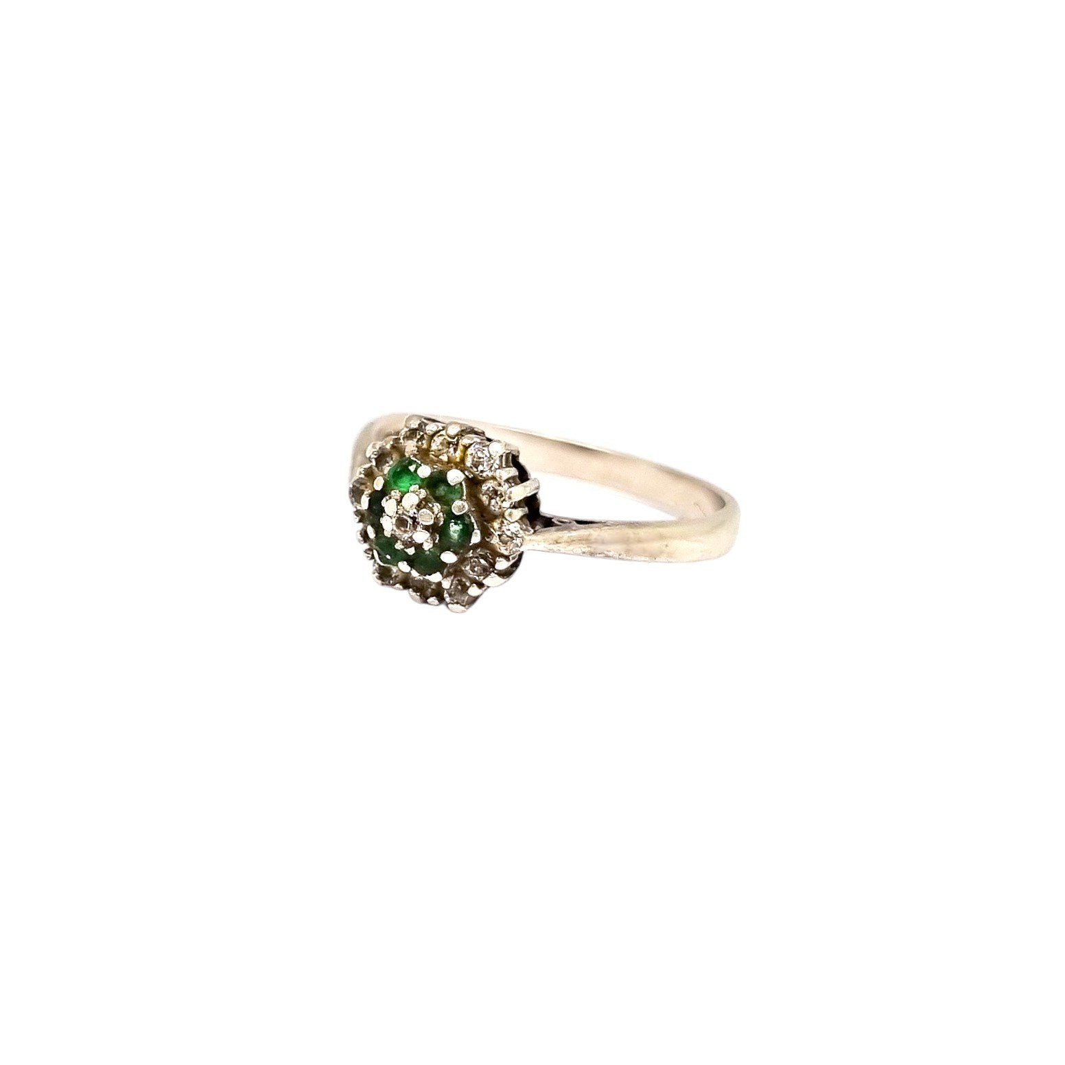 Vintage 1960's sterling silver emerald cluster cocktail ring, size P ½