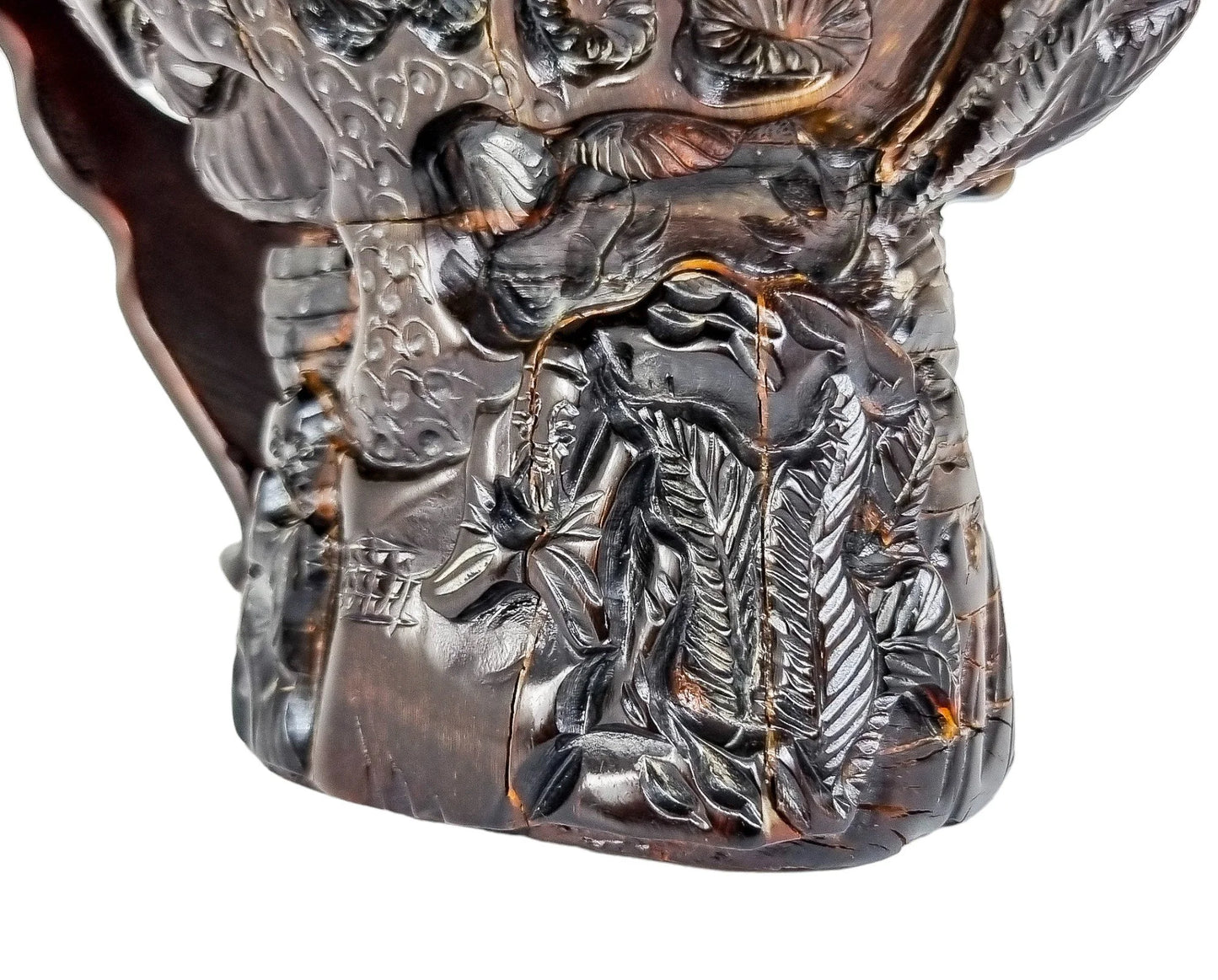 Vintage Chinese buffalo horn libation cup with scholars and prunus