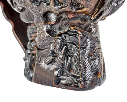Vintage Chinese buffalo horn libation cup with scholars and prunus
