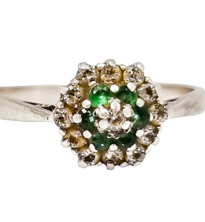 Vintage 1960's sterling silver emerald cluster cocktail ring, size P ½