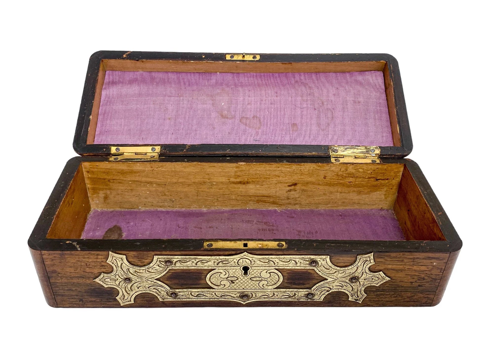 Victorian glove box with Celtic brass overlay engraved with scrolls and foliage