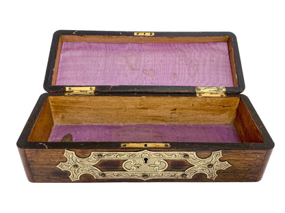 Victorian glove box with Celtic brass overlay engraved with scrolls and foliage