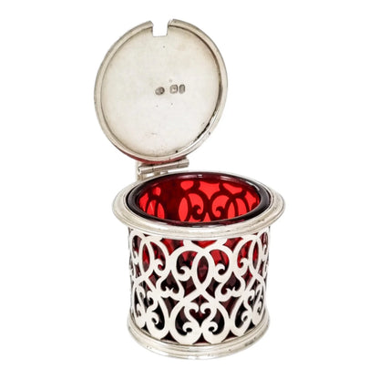 Victorian sterling silver large mustard with ruby liner and spoon condiment set, 1865